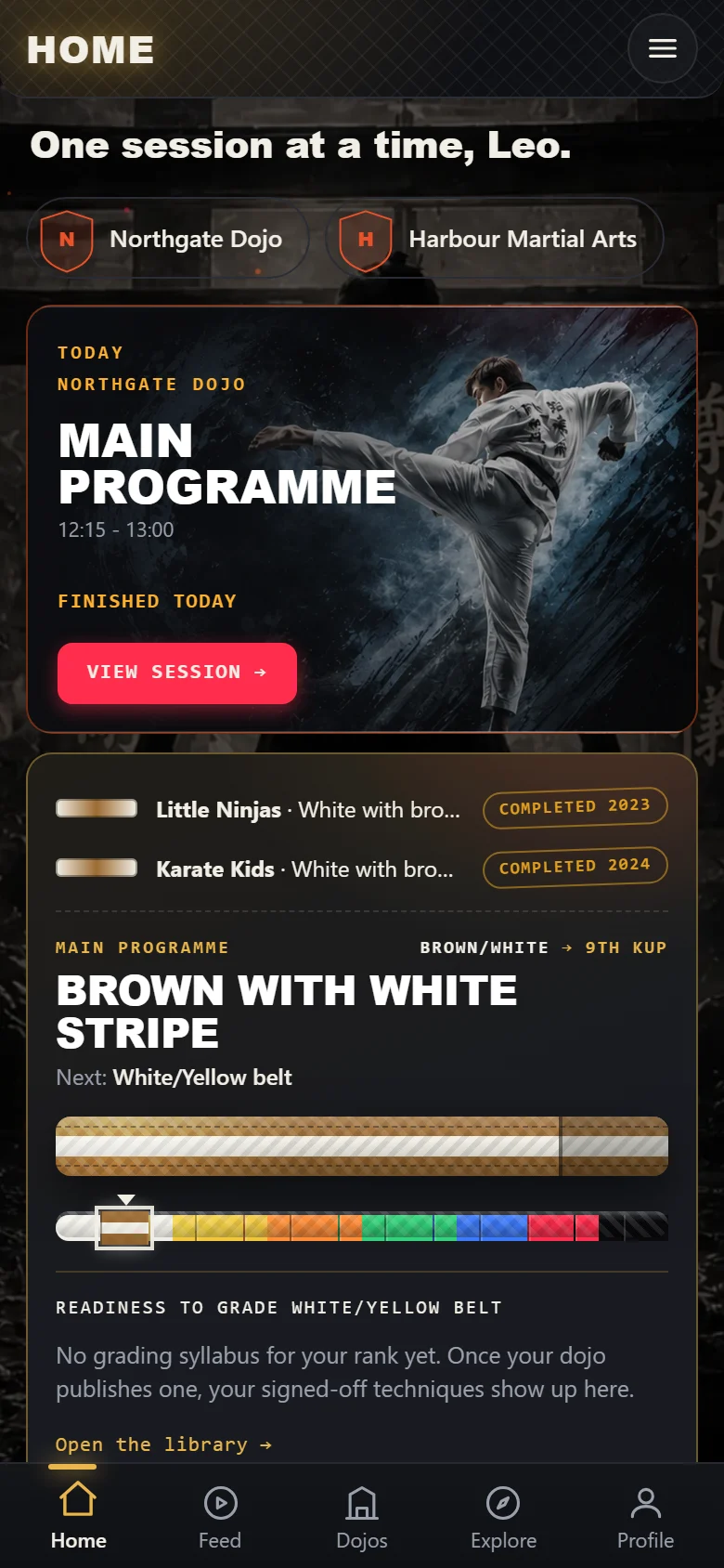 DojoDome Home screen: today's class and current belt